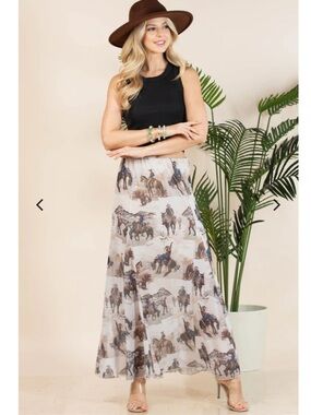 Avery Western Cowboy Print A-line Lined Full Mesh Skirt large